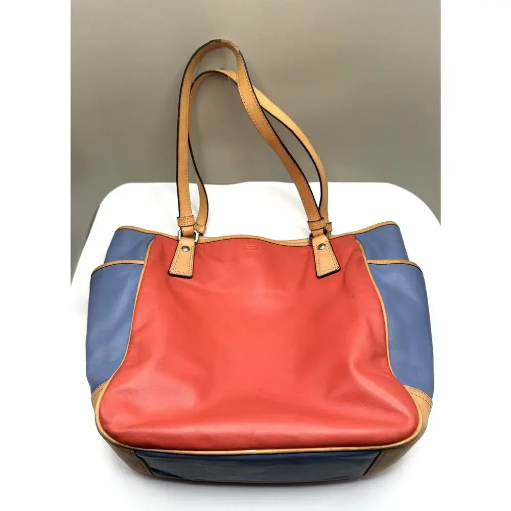 Coach F23683 Park Color Block Leather Tote Shoulder Bag Red Blue Tan